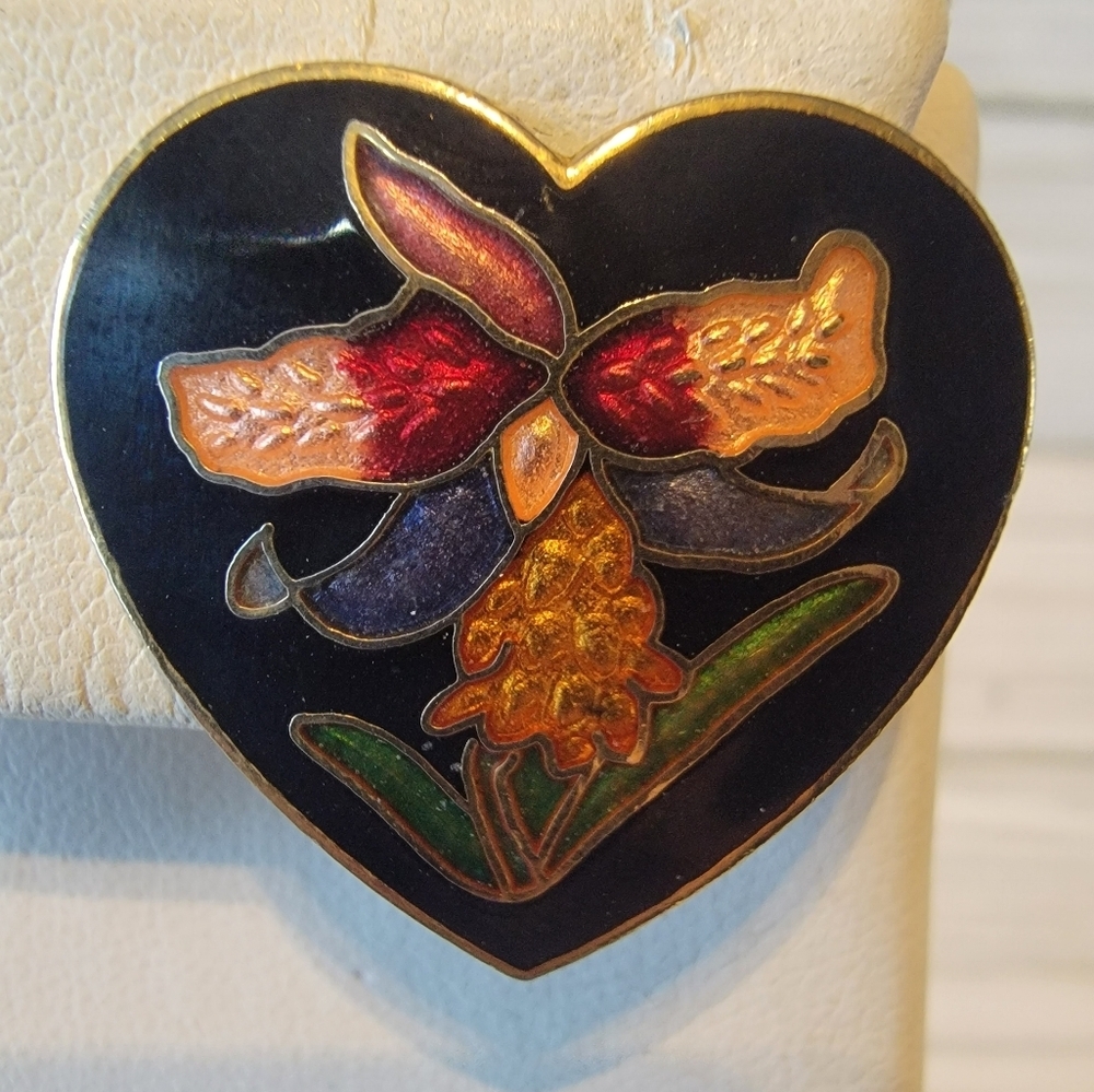 Vintage Cloisonné Floral Heart Clip On Earrings Black Gold Tone